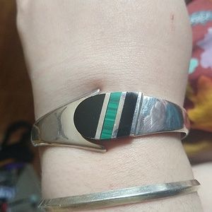 Taxco sterling silver 925 vintage hinge bracelet bangle malachite onyx